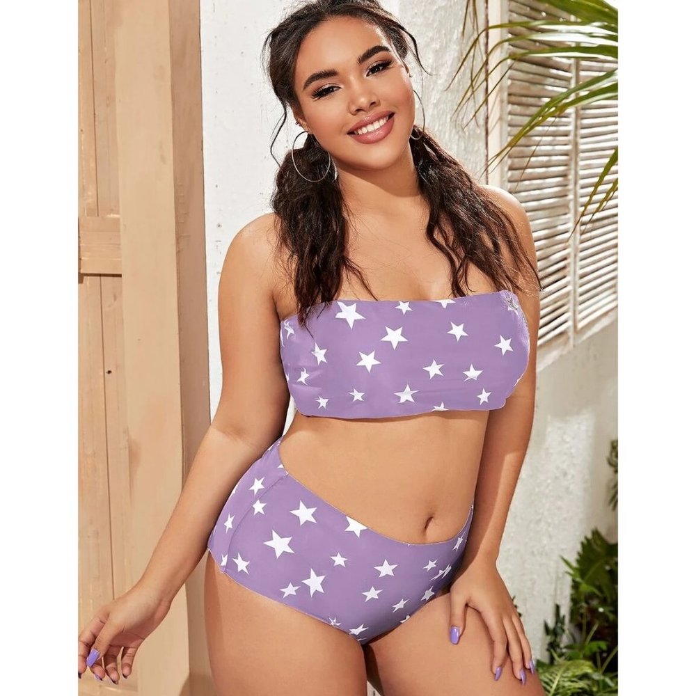 Shein Lavender/Purple Star Print Bandeau Bikini Swimsuit, sz 4X